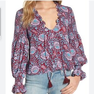 Rebecca Minkoff Small Blooming Floral Blouse Long Sleeve Tassels Burgundy Blue